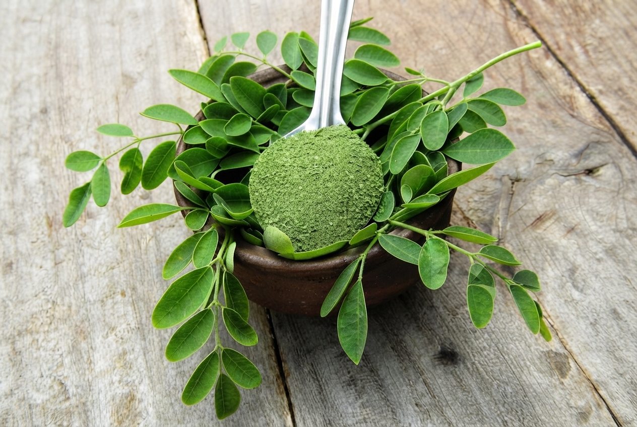 Fresh Moringa leaves and drumstick pods